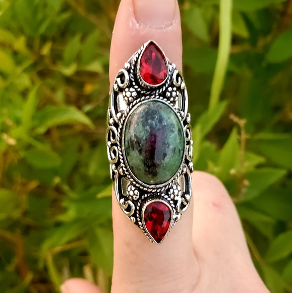 New Huge Ruby Zoisite and Garnet 925 Silver Statement Ring. - Picture 11 of 16